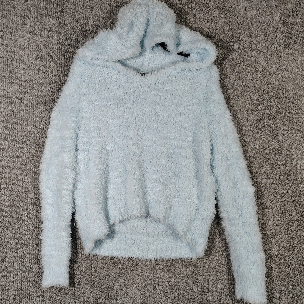 Almost Famous Hoodie Light Blue Fuzzy Eyelash Knit Softcore Women XL